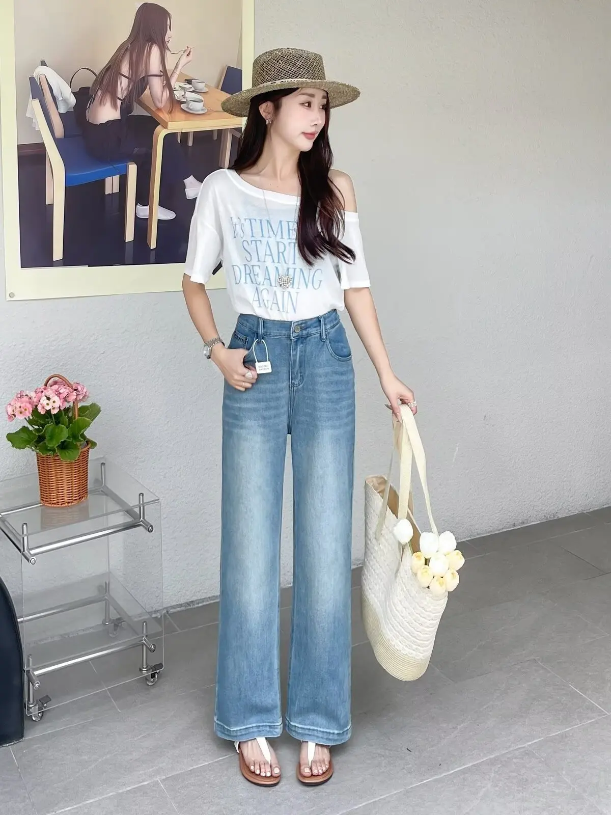 

High Waist Wide Leg Jeans plus Size Women's Spring Fashion Korean Style Retro Thin Straight Loose Long Pants Casual Denim