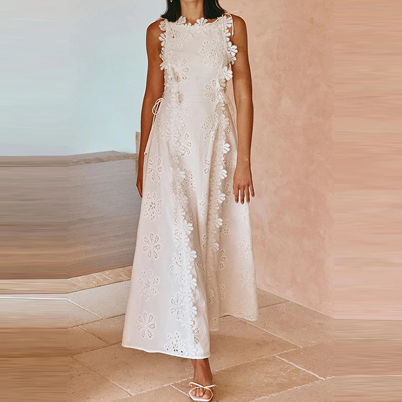 

Elegant O Neck Sleeveless Lace Up Beach Dress Fashion Hollow Out Slim Fit Long Dress Summer Lace Jacquard Women's Banquet Dress