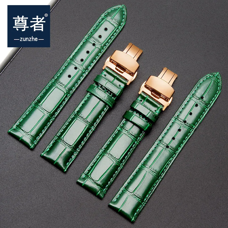 Genuine Leather Green Watchband Butterfly Buckle 12mm 14mm 16mm 18mm 20mm For Fiyta Four-leaf clover Photographer LA862025