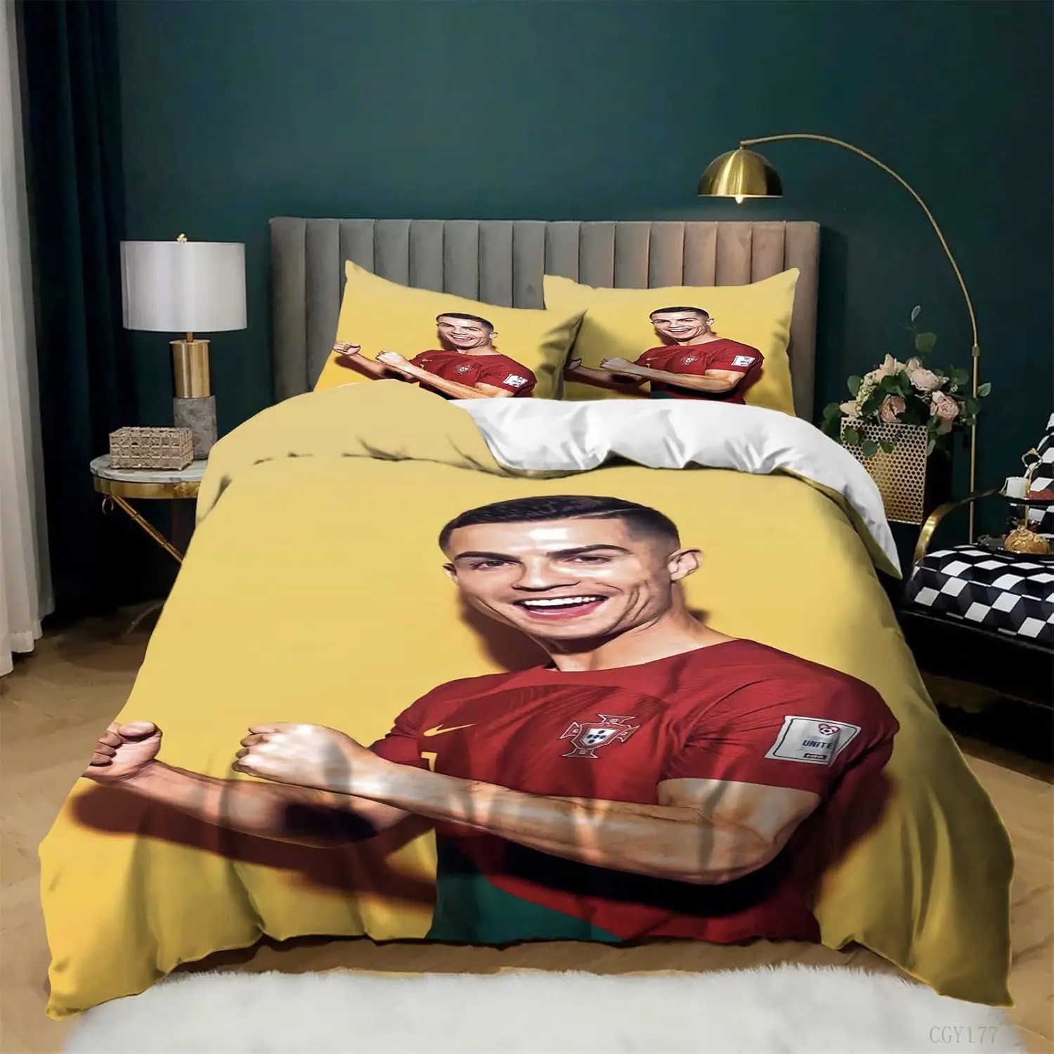 3 Piece Duvet Cover Ronaldo CR7 Football Printed Bedding Set, Lightweight Quilt Cover with Zipper Comforter Set Children Gift