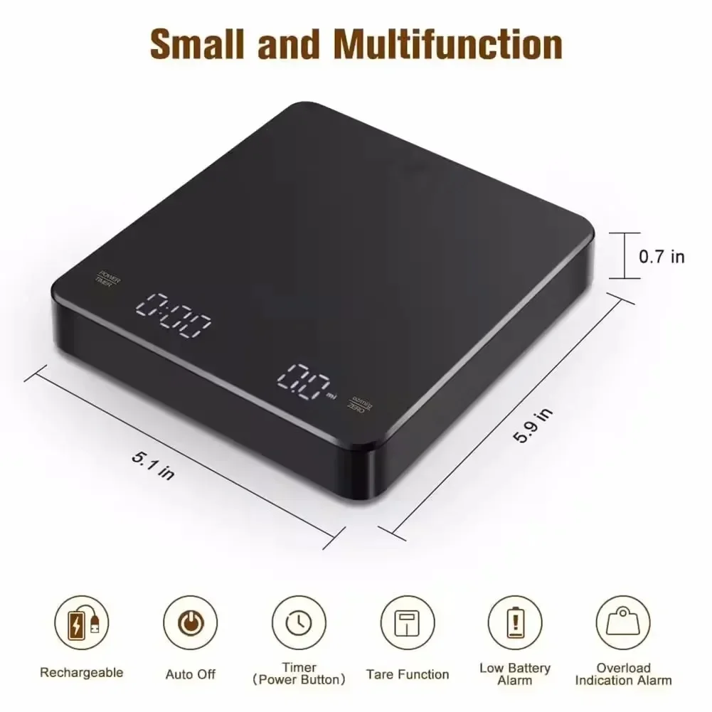 1PC LED Screen Digital Kitchen Scale with Timer USB Powered Espresso Coffee Maker 3KG Max 0.1g Precision Measurement in Oz/g/ml