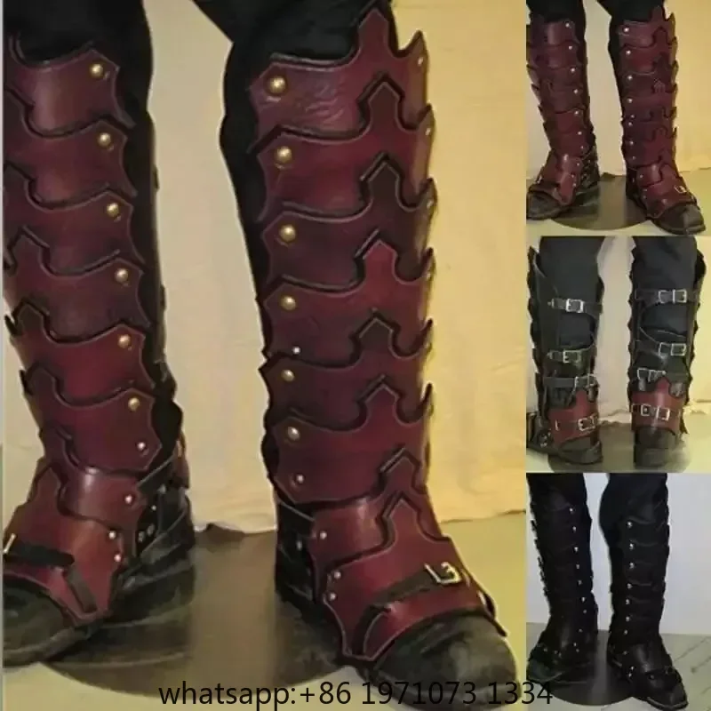 Medieval Larp PU Leather Leg Armor Gothic Greaves Gaiter Viking Knight Costume Kit Cosplay Rider Shoe Boot Cover For Men
