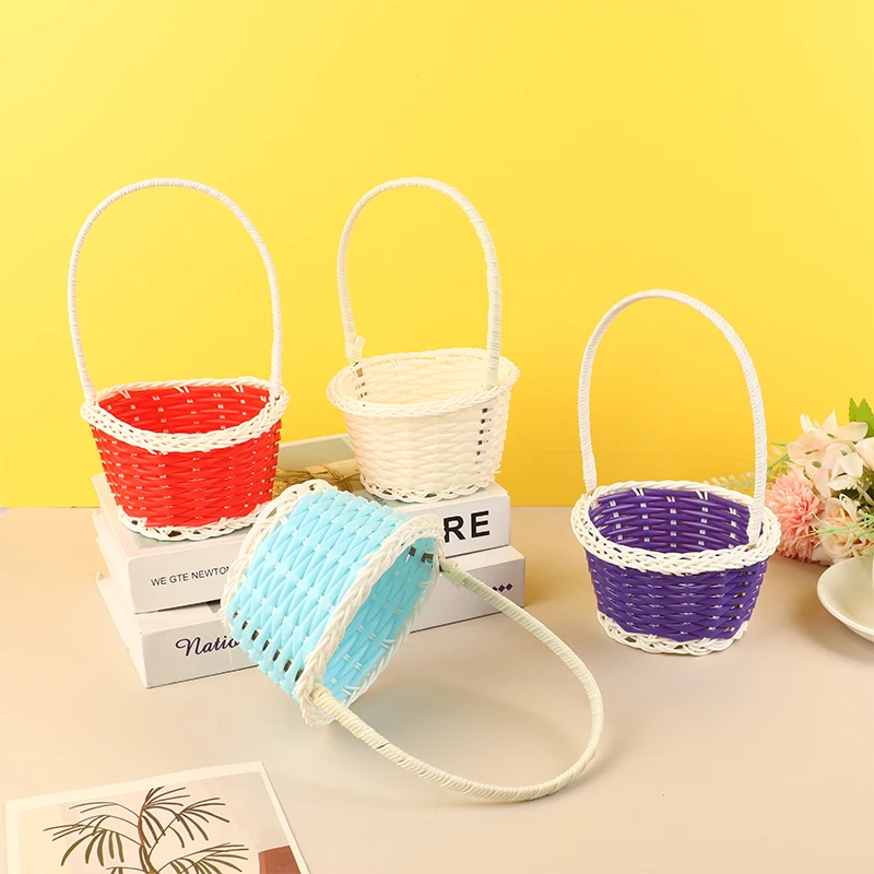 Plastic Rattan Woven Blue Easter Egg Basket Round Storage Basket Home Gift Basket