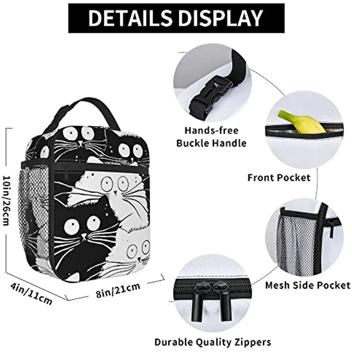 Manga Black and White Cat Lunch Box Leakproof Lunch Organizer Compact Water Resistant Handbag Reusable Food Container for Lunch