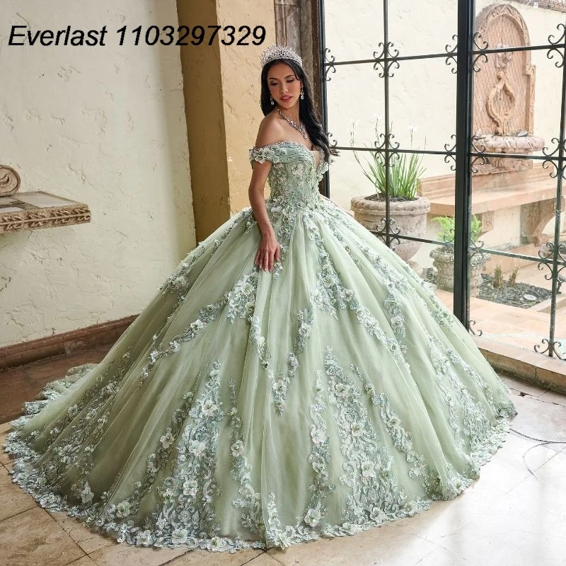 EVLAST Customized Sage Quinceanera Dress Ball Gown Floral Applique Beading Off Shoulder Sweet 16 Vestido De 15 Anos TQD961