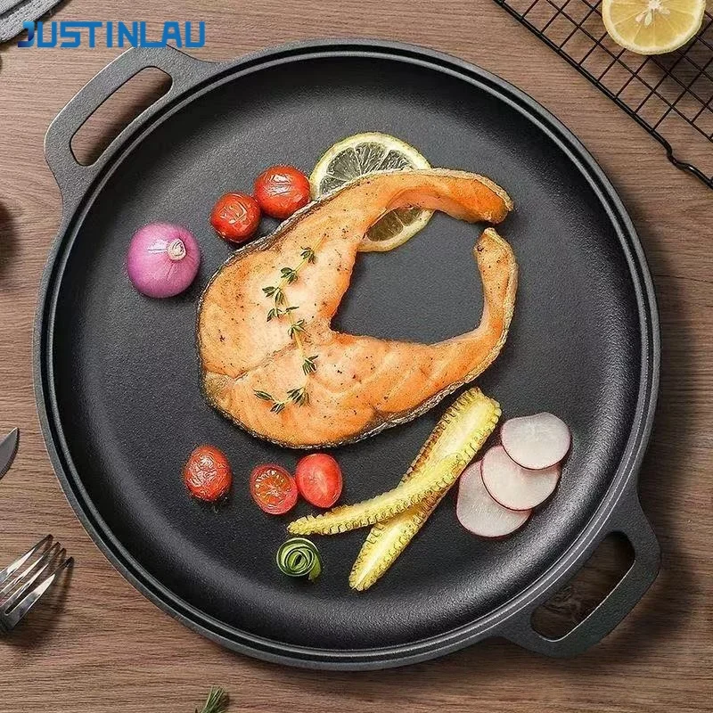 

Чугунная сковорода JUSTINLAU с двумя ручками для жарки яиц и стейков, утолщенная, с антипригарным покрытием, для блинов и гриля, инструменты для домашнего барбекю