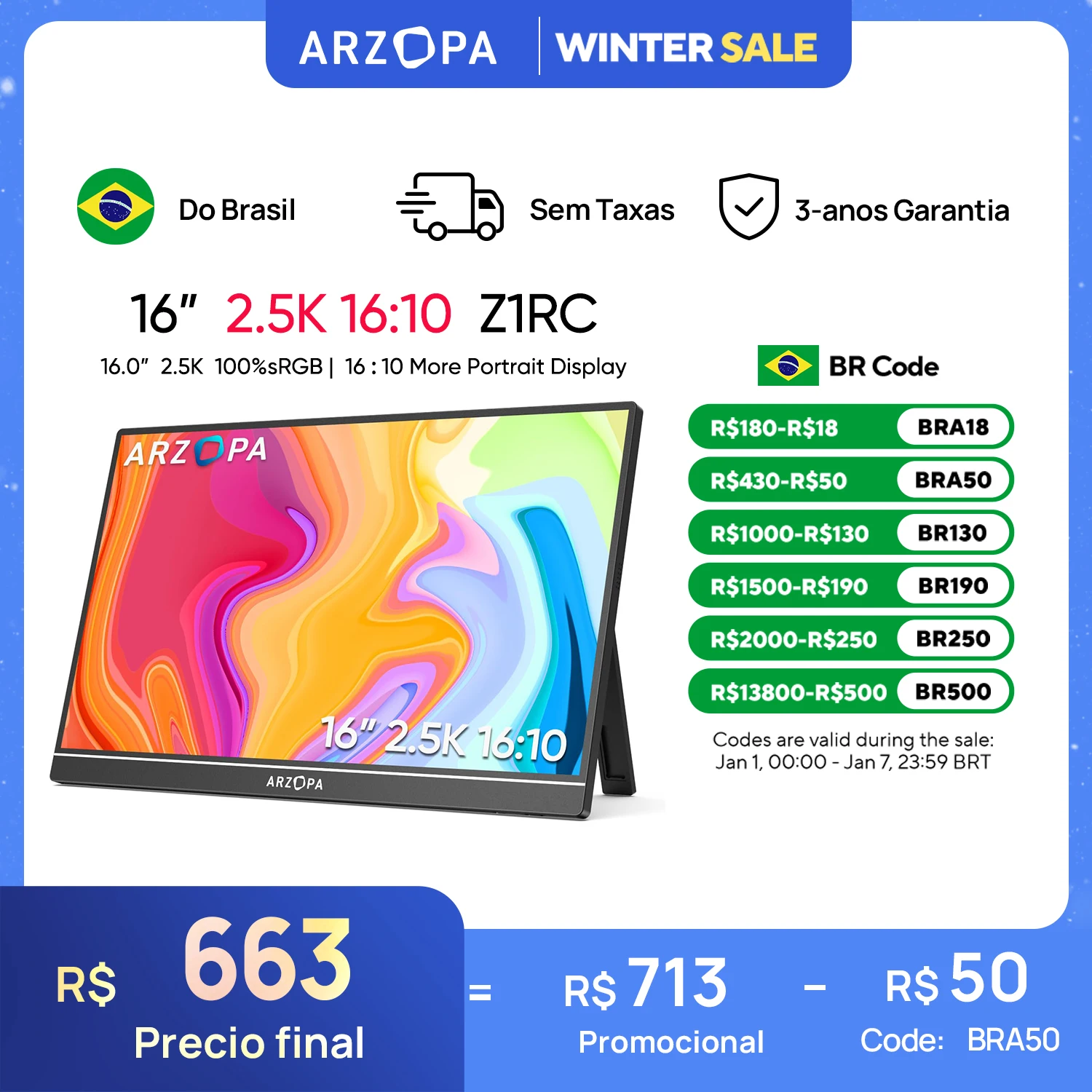 [produto no brasil] ARZOPA 16 polegadas 2K Monitor Portátil 16:10 Tela IPS com tipo-c mini hdmi Segundo Display para MAC/Laptop/PC/Xbox/PS4/5/Switch,Z1RC