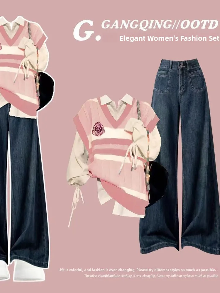 

Korean Sle College Faion Jk orm Set Women's Early Autumn 2025 New Denim Pants Long Sve irt High Waist Trousers