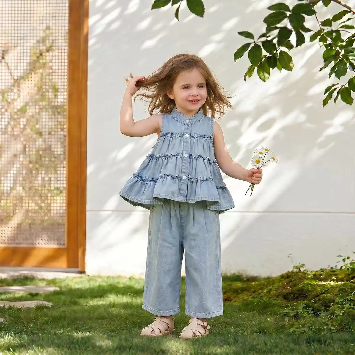 Korean Style Girls Summer 2Pcs Outfit Denim Sleeveless Top Wide Leg Pants Two Piece Set for Baby Toddler Girls New Arrival