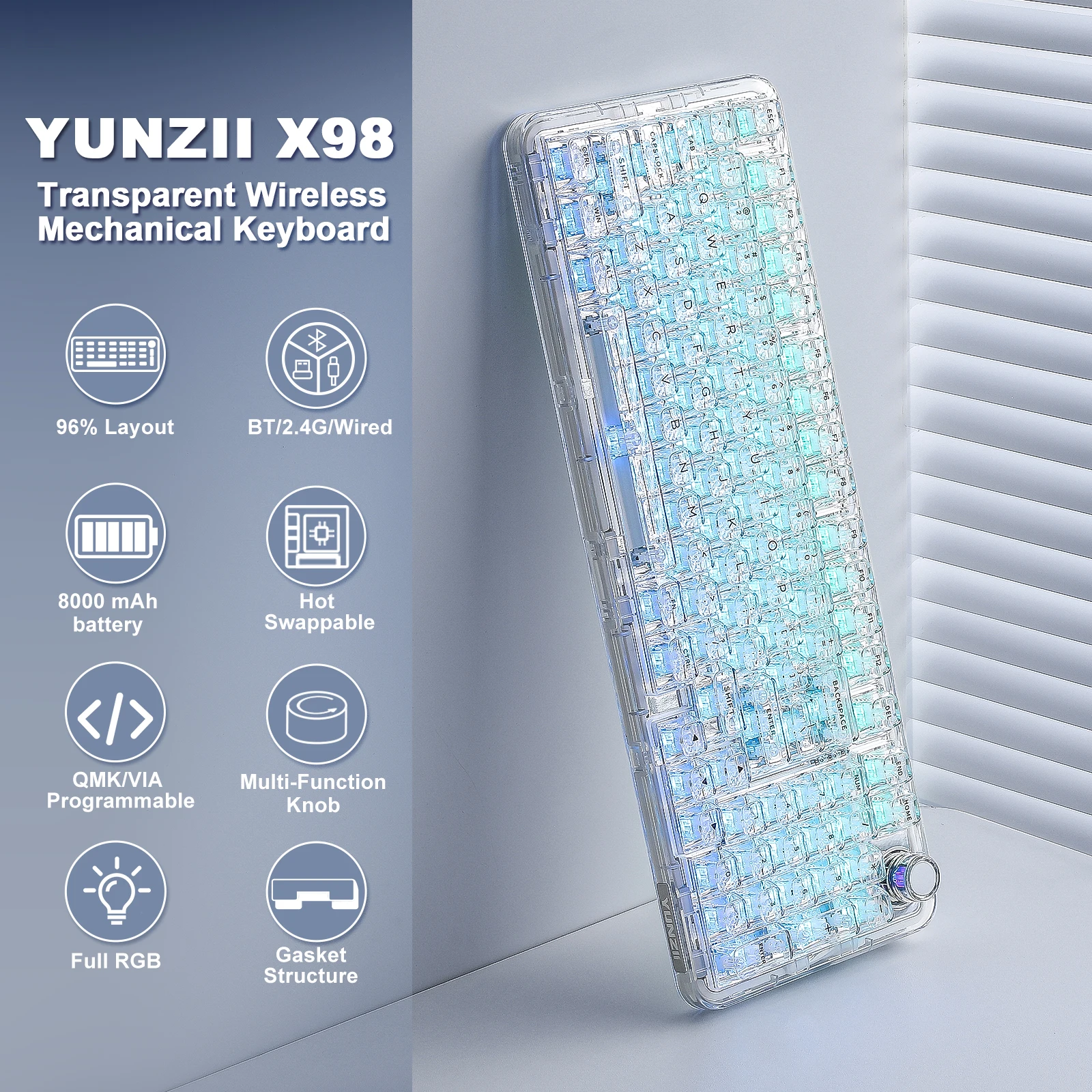 YUNZII X98 لوحة مفاتيح ميكانيكية شفافة بيضاء للألعاب، لوحة مفاتيح QMK/VIA RGB مخصصة مع مقبض، حامل حشية لجهاز Win/Mac #2