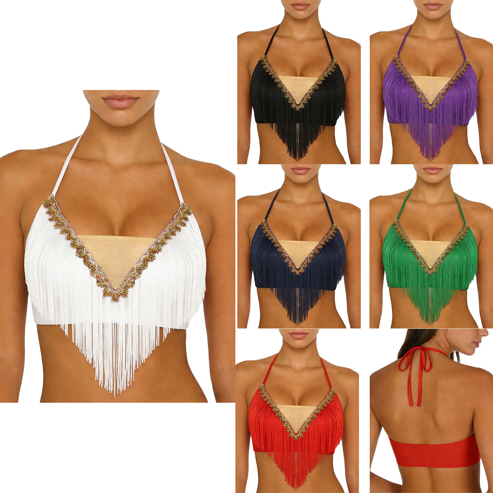 여성 벨리댄스 공연 크롭탑 레이스업 홀터 태슬 및 골드 트림 프린지드 캐미솔 댄스 슬링탑 (수업/무대용)