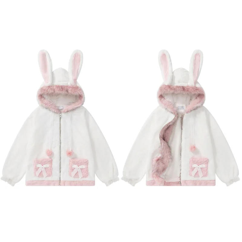 2025 invierno blanco nuevo empalme esponjoso orejas de animales suelto lindo abrigo de mujer diseño francés con capucha chaquetas cálidas de lana de cordero señoras