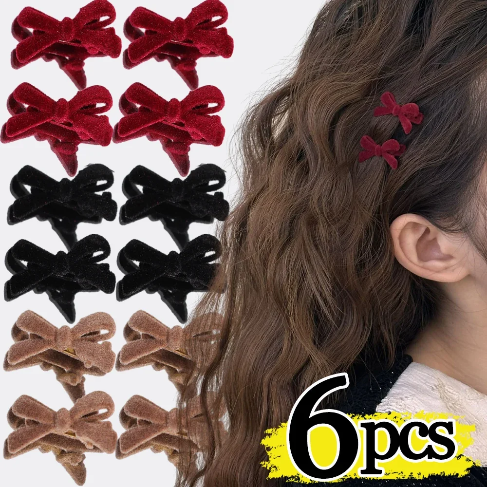 1/6pcs Velvet Bow Hairpins Sweet Red Bowknot Hair Clips for Girls Women Double Bowknots Solid Mini Barrettes Party Headwear