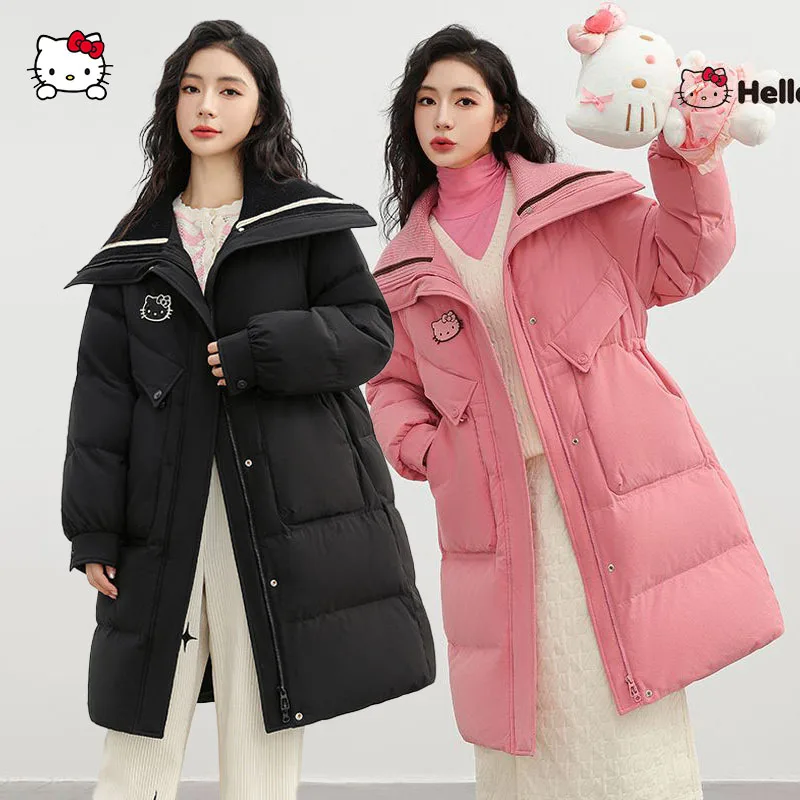 Kurtka puchowa Hello Kitty z białego puchu kaczego, damska, zimowa, gruba, ciepła, długa, płaszcz typu puffer, modna parka damska, słodki płaszcz wierzchni, prezent.