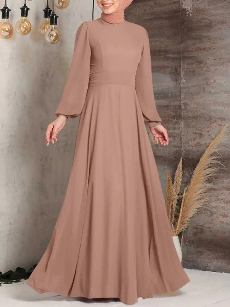 Muslim Long Dress for Women Commuting To The Streets Fashionable High Waisted Design with Lantern Sleeves Long Dress Style 2025