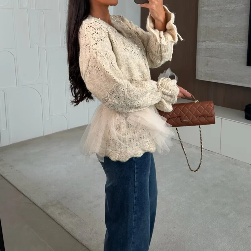 Elegant Pearl Decoration Tie-Up Waist Sweater Women's Casual Long Sleeve Hollow Coat Sexy Lace Stitching Button Knitted Cardigan