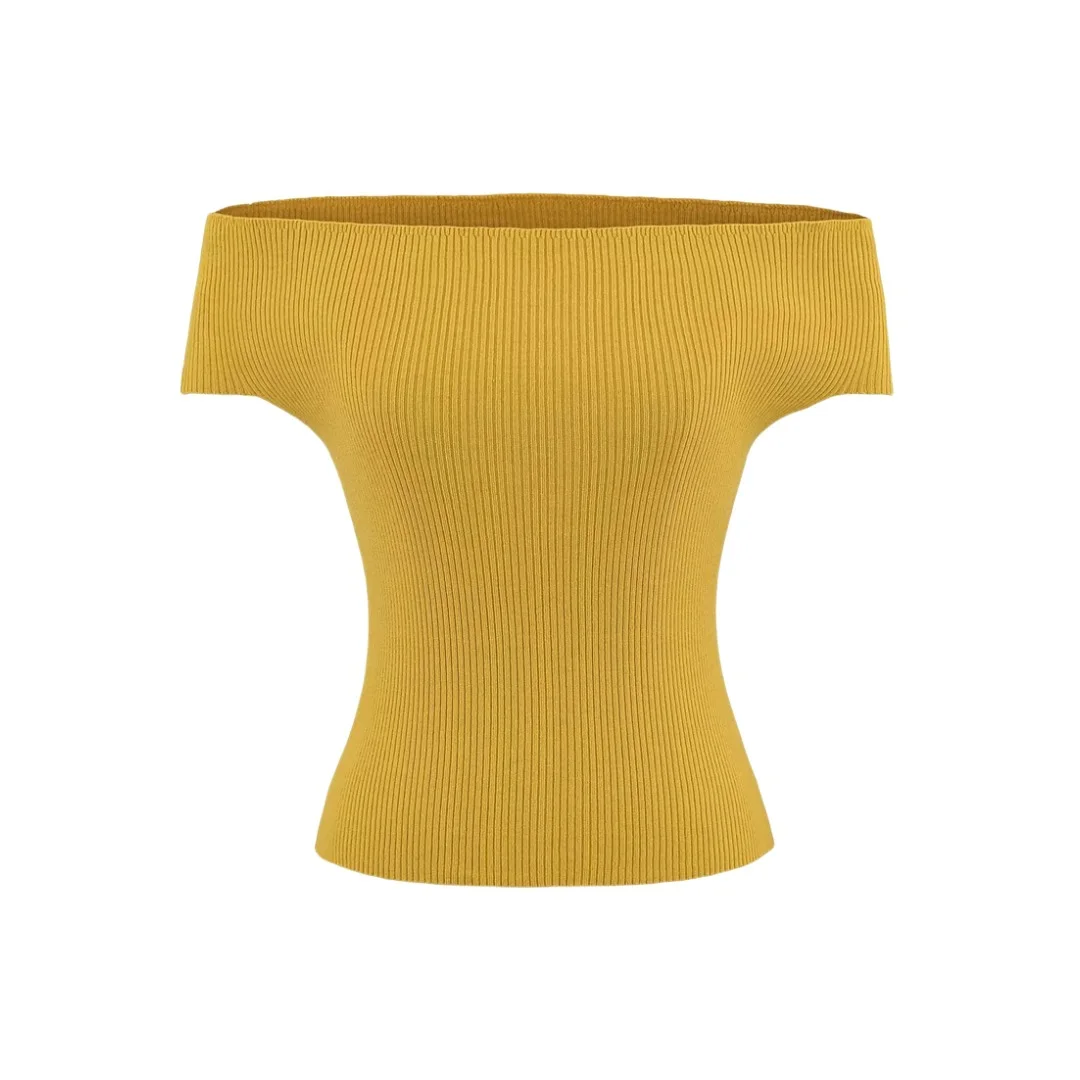 

Ins Blogger Style Off-Shoulder Knitwear One-Line Collar Short-Sleeved Sexy Tight Short Top for Women Pure Lust Fashion
