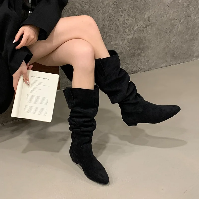 

Осень-зима 2026, модные сапоги до колена на низком квадратном каблуке, женская обувь в стиле панк с острым носком, Botas Largas De Mujer