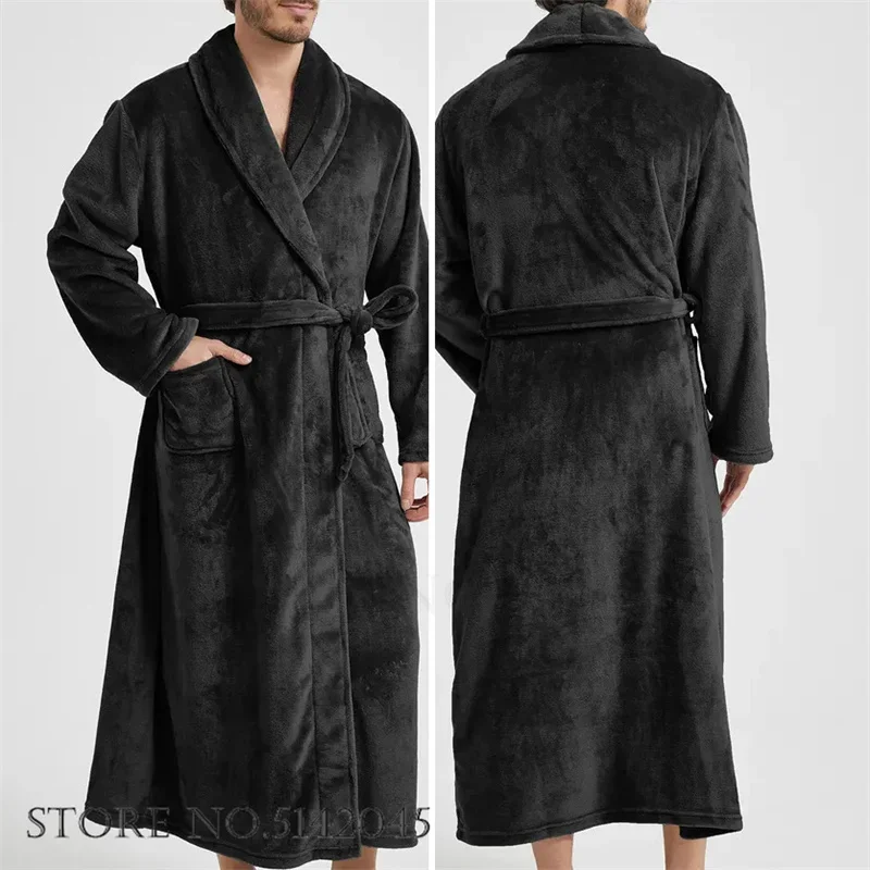 Men\'s Coral Fleece Long Bathrobe Gown Sleepwear Winter Thick Flannel Robe Lounge Wear Loose Home Clothes Nightwear with Pocket