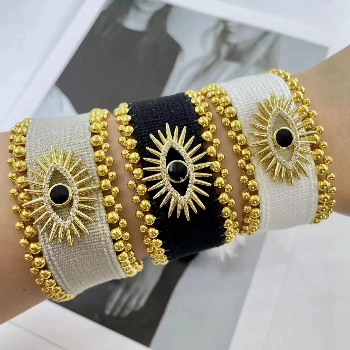 Fashion Rhinestone Black White Evil Eye Weaving Cloth Bracelets for Women Men Bohomian High Quality Devil Eye Bracelet Jewelry