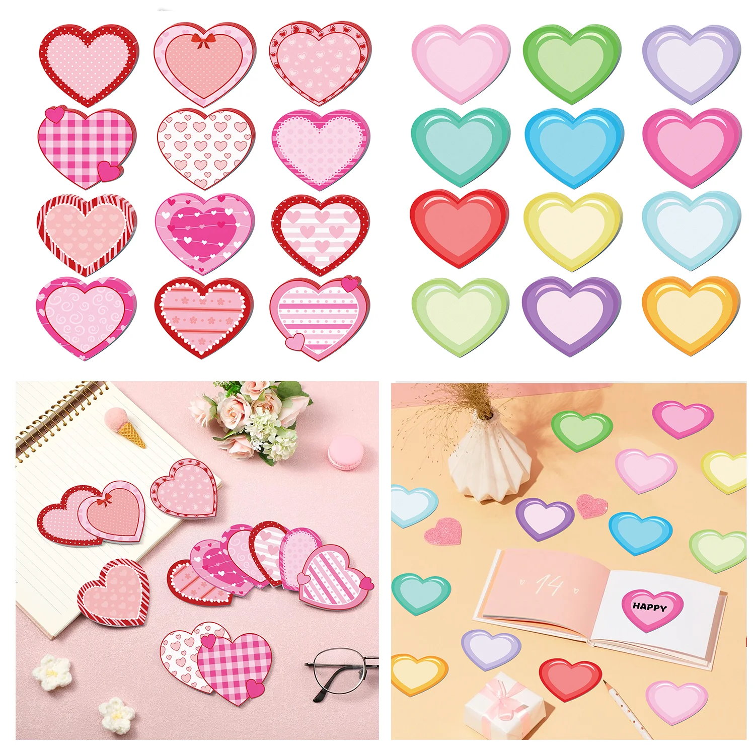 12pcs Valentine's Day Memo Pads Set Love Heart Sticky Notes Stationery Label Notepad Self-Adhesive Memo Book For Valentine's Day