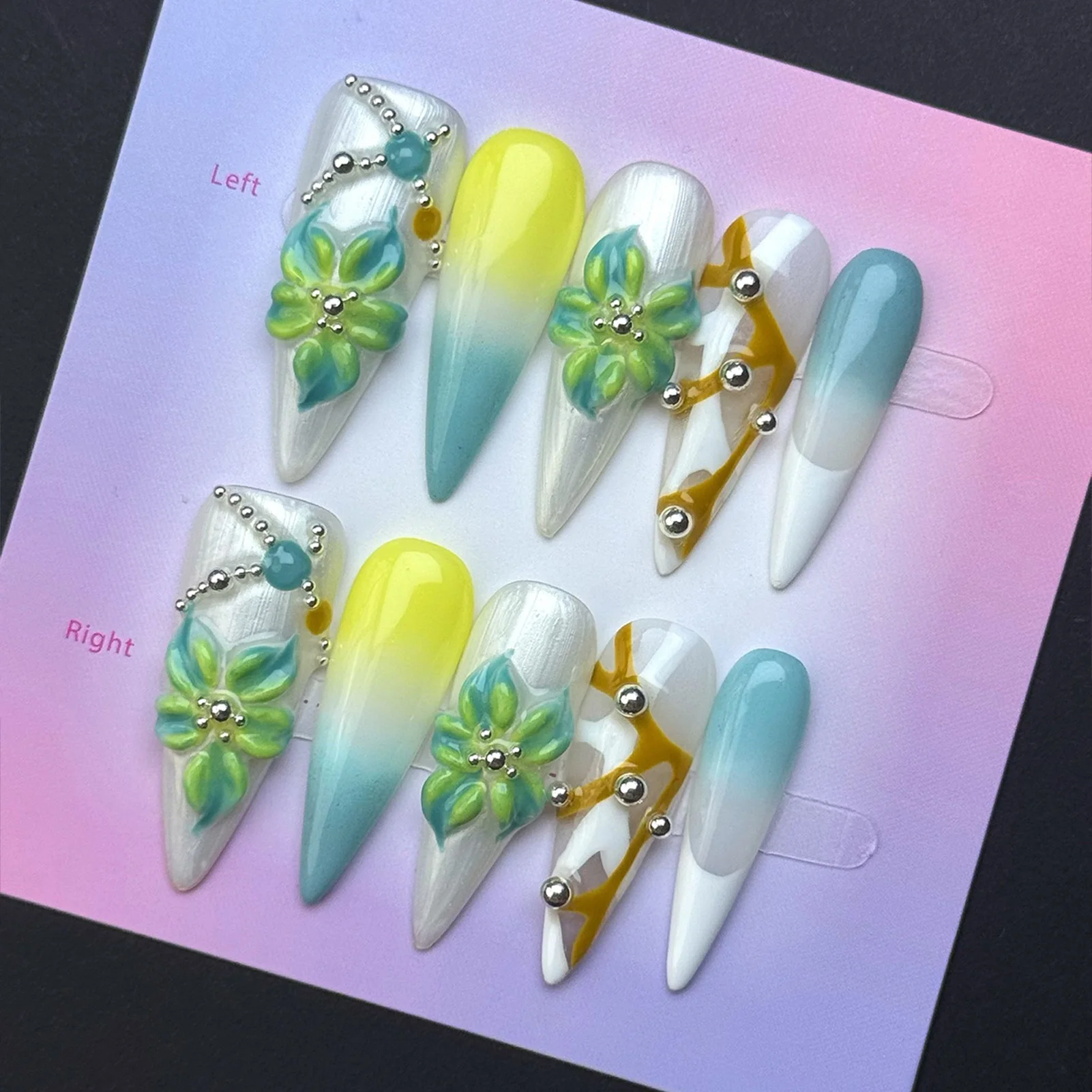 

10pcs Glossy Long Almond Fake Nails Green 3D Petals Design Handmade Press on Nails European Spicy Girl Wearable False Nails