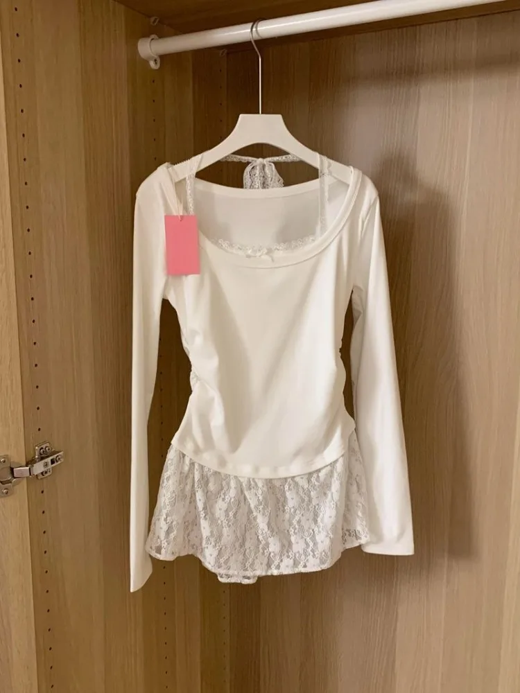 

Футболки женские, кружевные, в стиле пэчворк, из двух предметов, милые, стильные, с лямкой на шее, повседневные, Kawaii, в корейском стиле, Y2k, High Street, тонкие, удобные