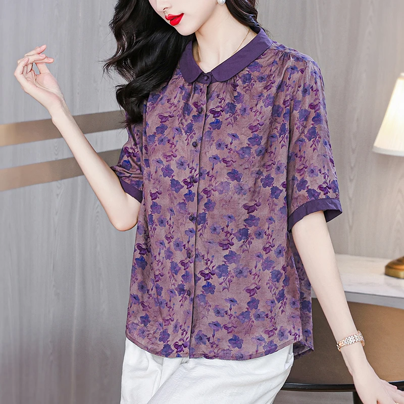 

2024 Summer New Women's Purple Cotton and Hemp Short sleeved Shirt Top Flower Print Loose Size Open Heart T-shirt