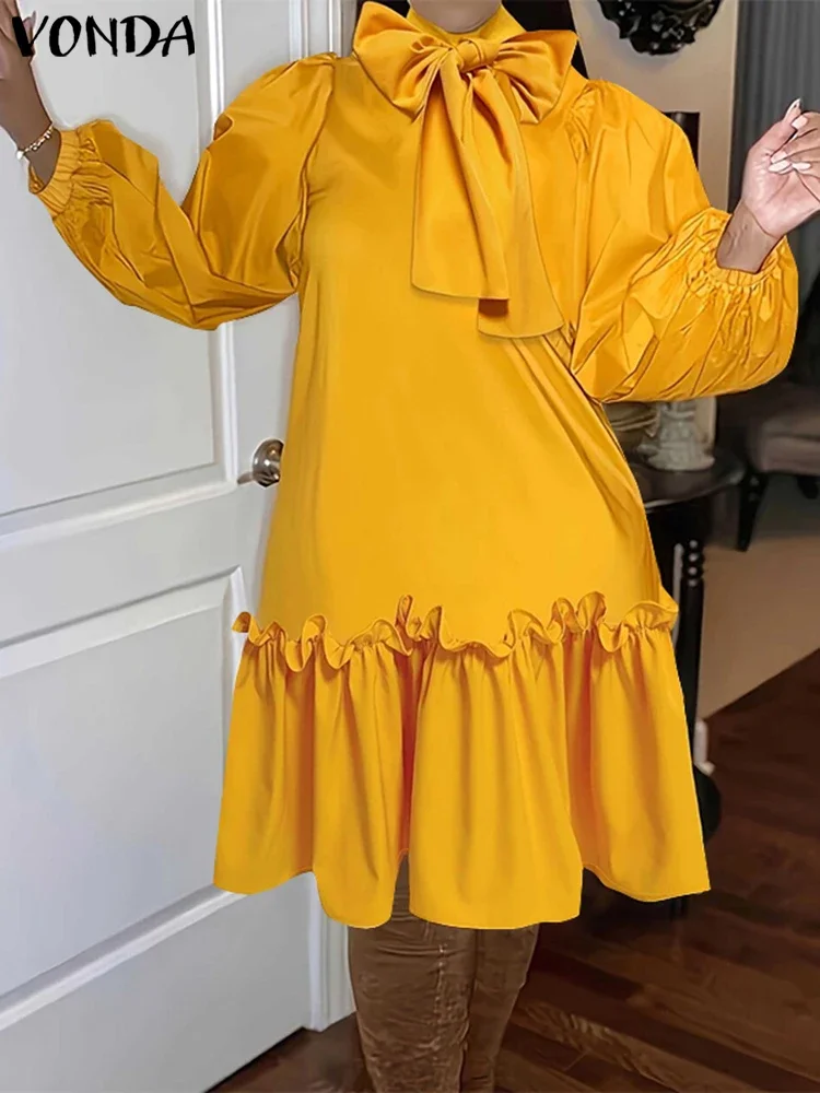 2025 otoño Vestido hasta la rodilla Mujer elegante Vestido veraniego Casual sólido Stand Collar Bownot Vestido batas de manga larga de talla grande VONDA