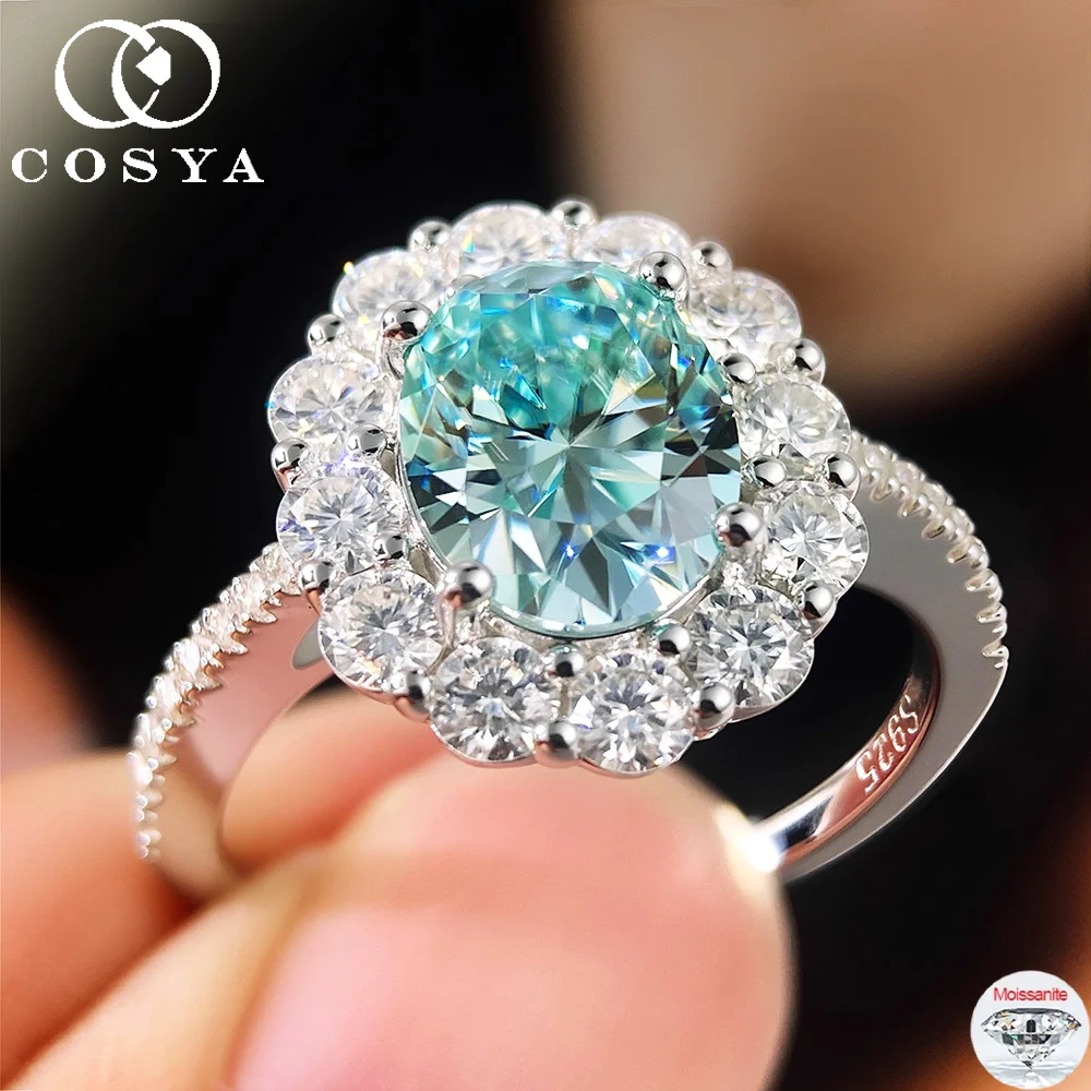 COSYA 2CT Oval Paraiba Blue Moissanite Rings for Women 100% S925 Silver Lab Diamond Bridal Halo Wedding Band Fine Jewelry Gift