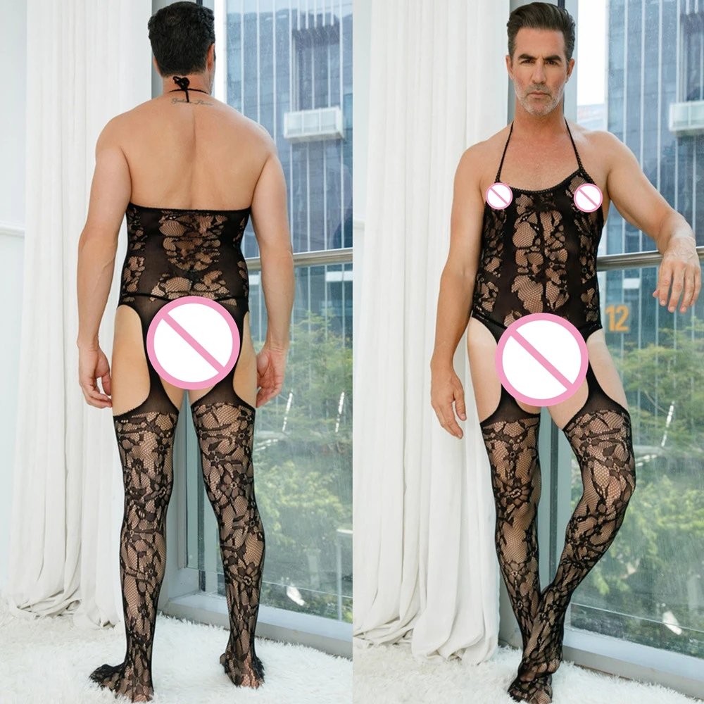 Plus Size Men's Black Sexy Lingerie Fishnet Body Stockings Male Underwear Exotic Lingerie for Man Open Crotch Transparent Tights - view 6