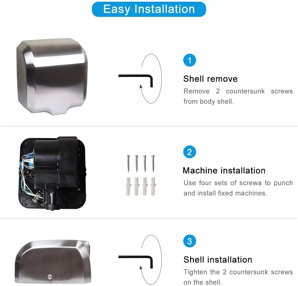 Sèche-mains commercial en acier inoxydable, automatique, rapide, poli et hydro-poli, 1800W, lot de 2