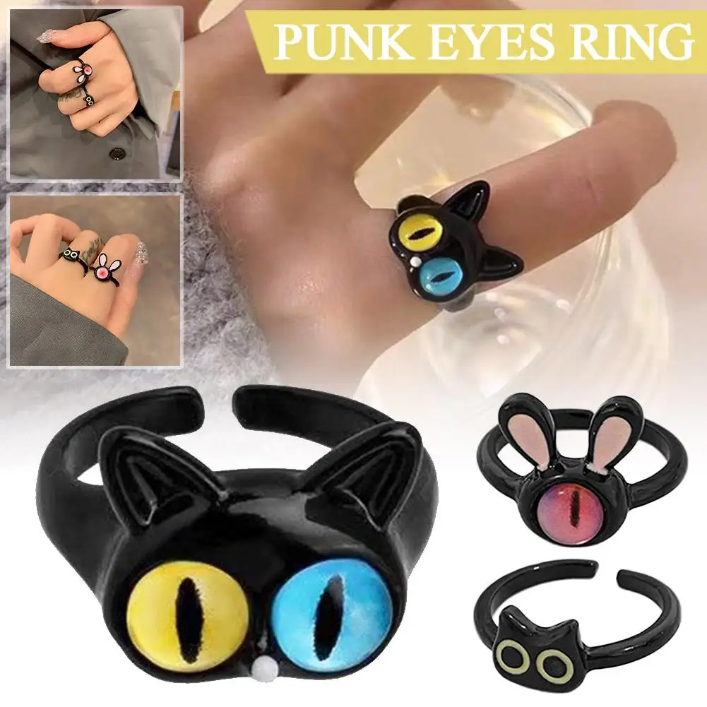 

Punk Eyes Cute Black Cat Green Little Rings For Women Open Couple Halloween Gothic Rings Jewelry Gift E2M5