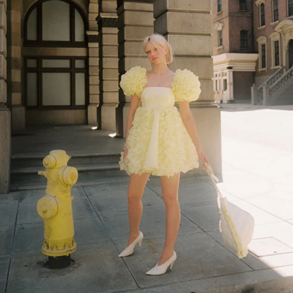Sweety Yellow A-line Short Women Dresses With Ruffles Trimmed Details Girls Mini Birthday Party Dress