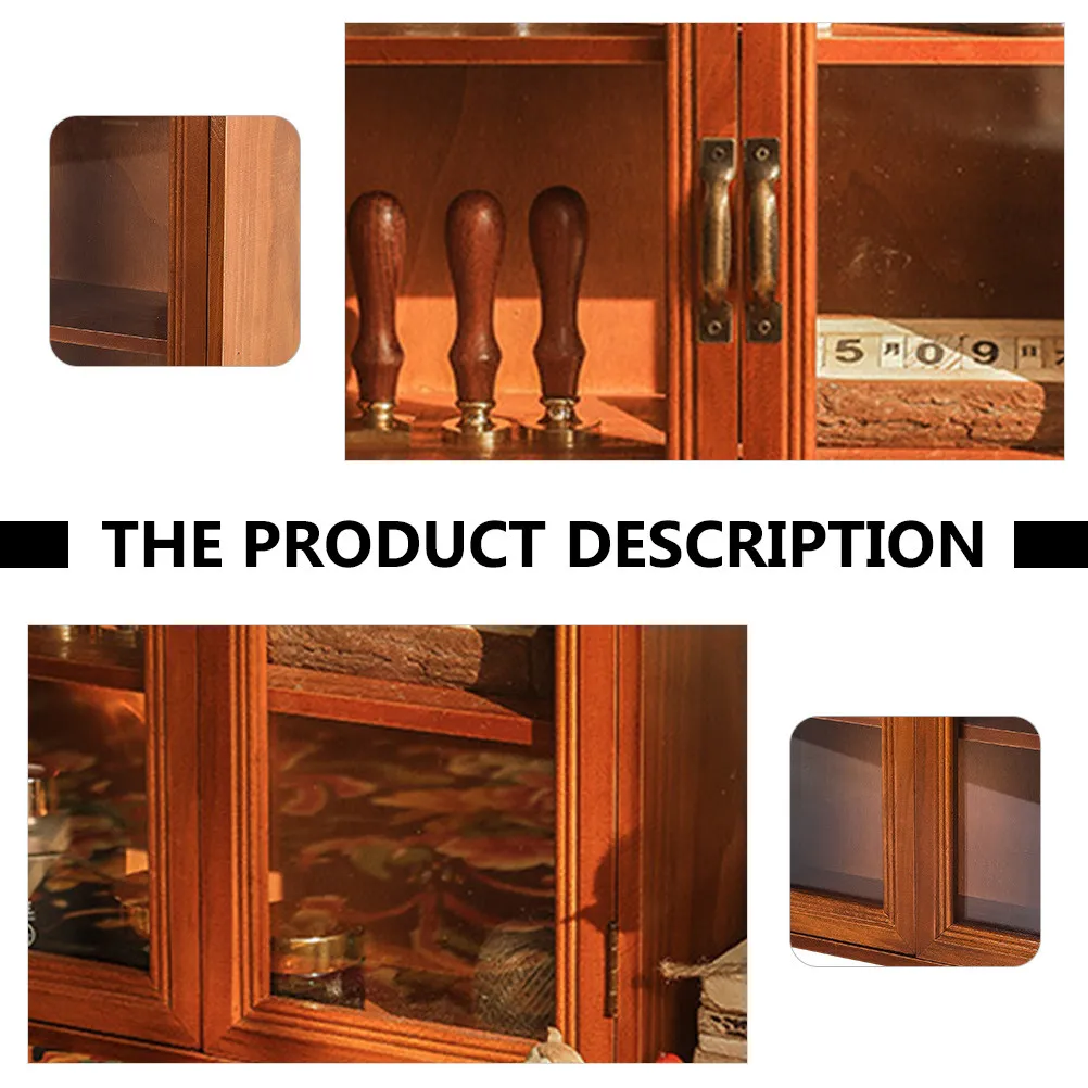 

1Pcs Storage Cabinet Retro Wooden Glass Organizer Large Capacity Sundries Holder Home Office Desktop Storage Chest