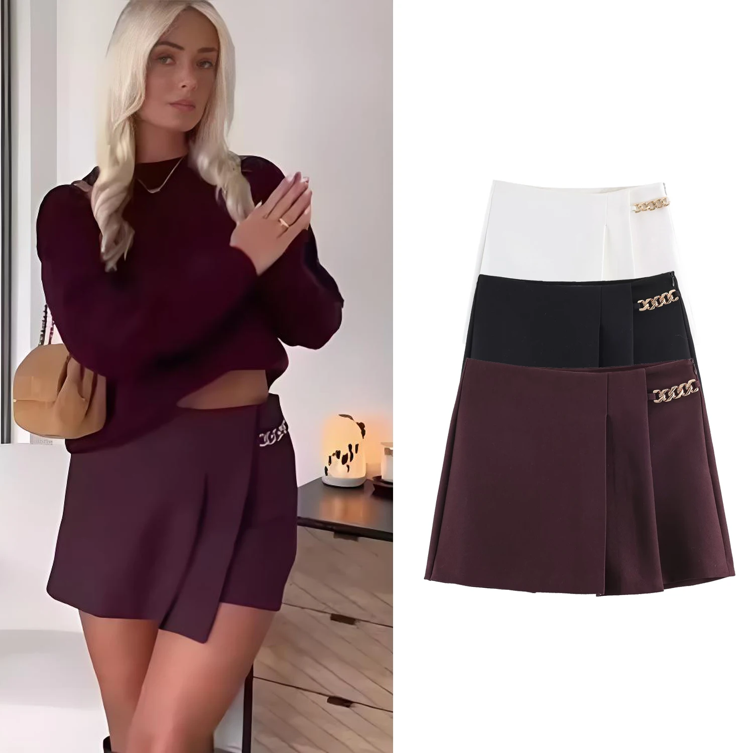 

Женские шорты весна-лето: новые повседневные плиссированные шорты с цепочкой, широкие, с высокой талией, свободные мини-юбки-шорты, шикарные универсальные шорты