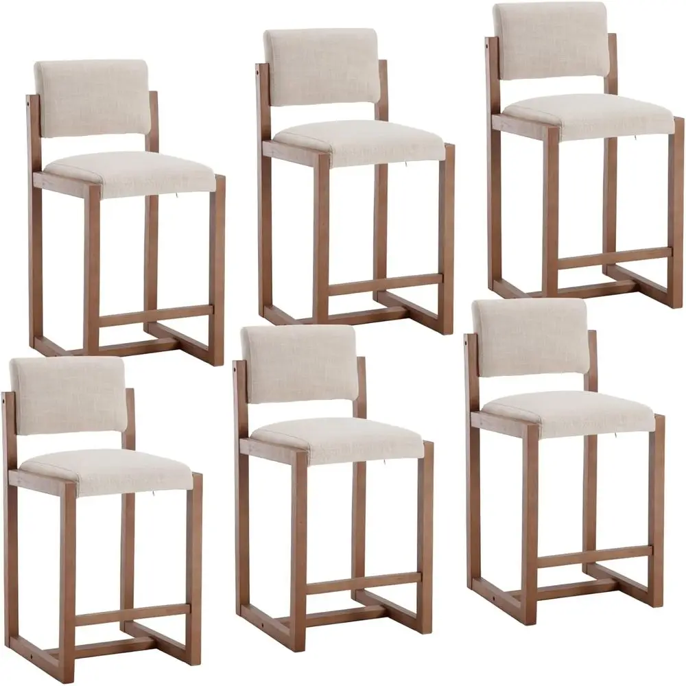 

Set of 6 Upholstered Counter Height Bar Stools, 26 Seat, Wood Legs, Open Back, with Footrest, Beige for Home Pub Kitchen