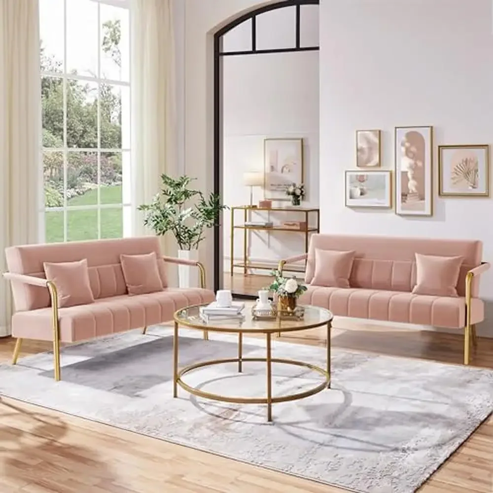 Chic Pink Velvet 2 Seater Sofa with Gold-Tone Metal Arms Glamorous Modern Loveseat