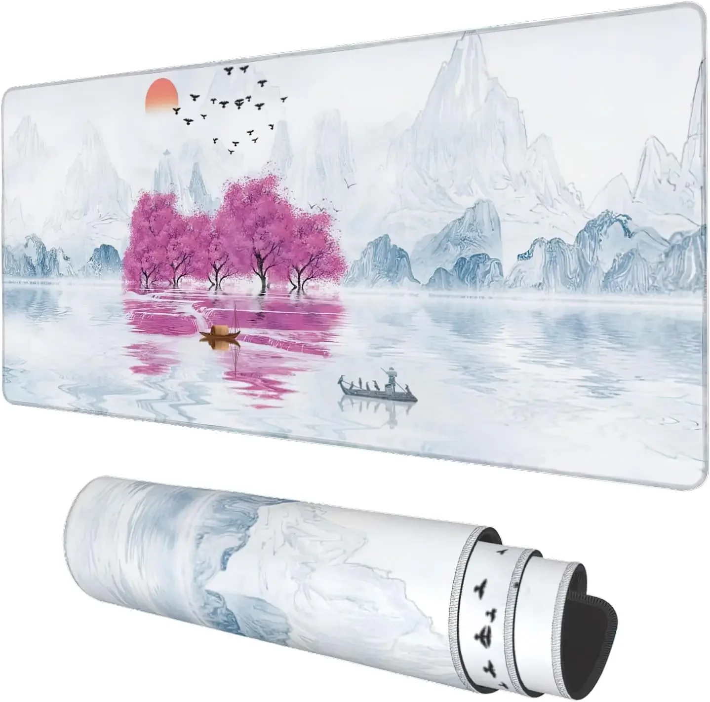 

Cherry Tree Oil Ink Painting Gaming Mouse Pad 35.4"x15.7" with Non-Slip Base Stitched Edge Long Computer Mouse Mat for Office