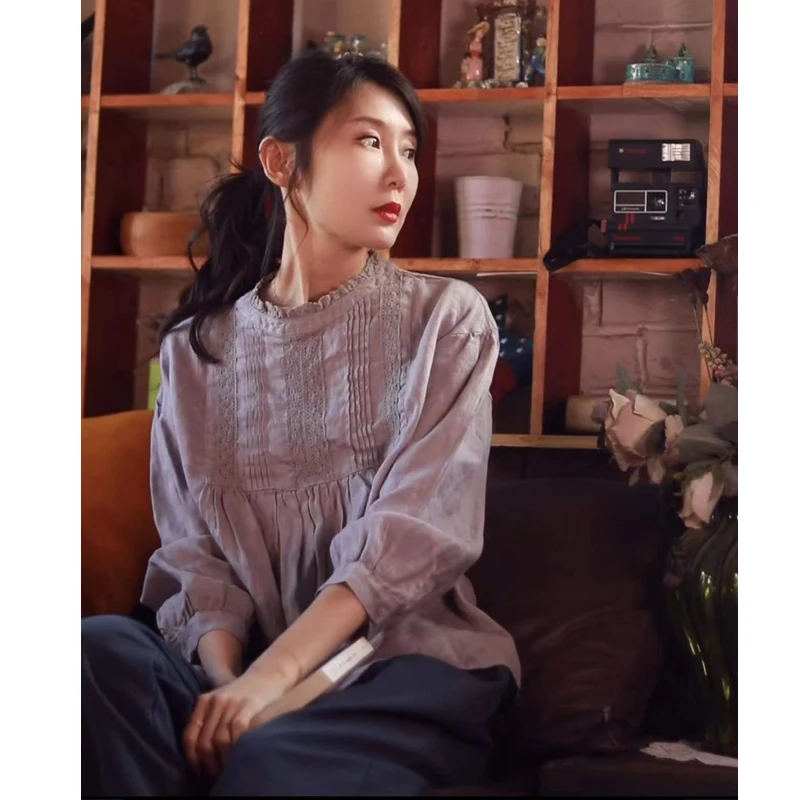 Johnature Vintage Linen Women Shirts 2024 Spring New Japanese Loose Solid Color All Match Ruffles Female Blouses