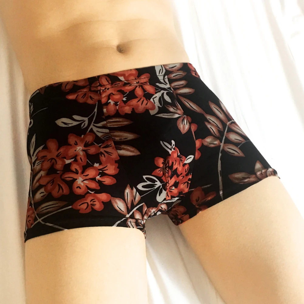 Sexy Men Ice Silk Boxer Seamless Printed Briefs Thin Pouch Underwear Casual Swim Shorts Trunks Summer Breath Soft Underpants