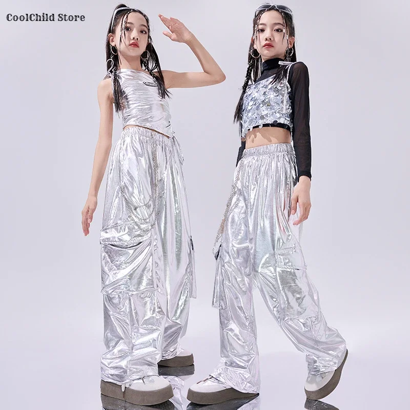 Hio ホップ女の子クールシルバースパンコールクロップトップダンスカーゴパンツ子供 K-POP ストリート子供ジャズガールグループ衣装服セット