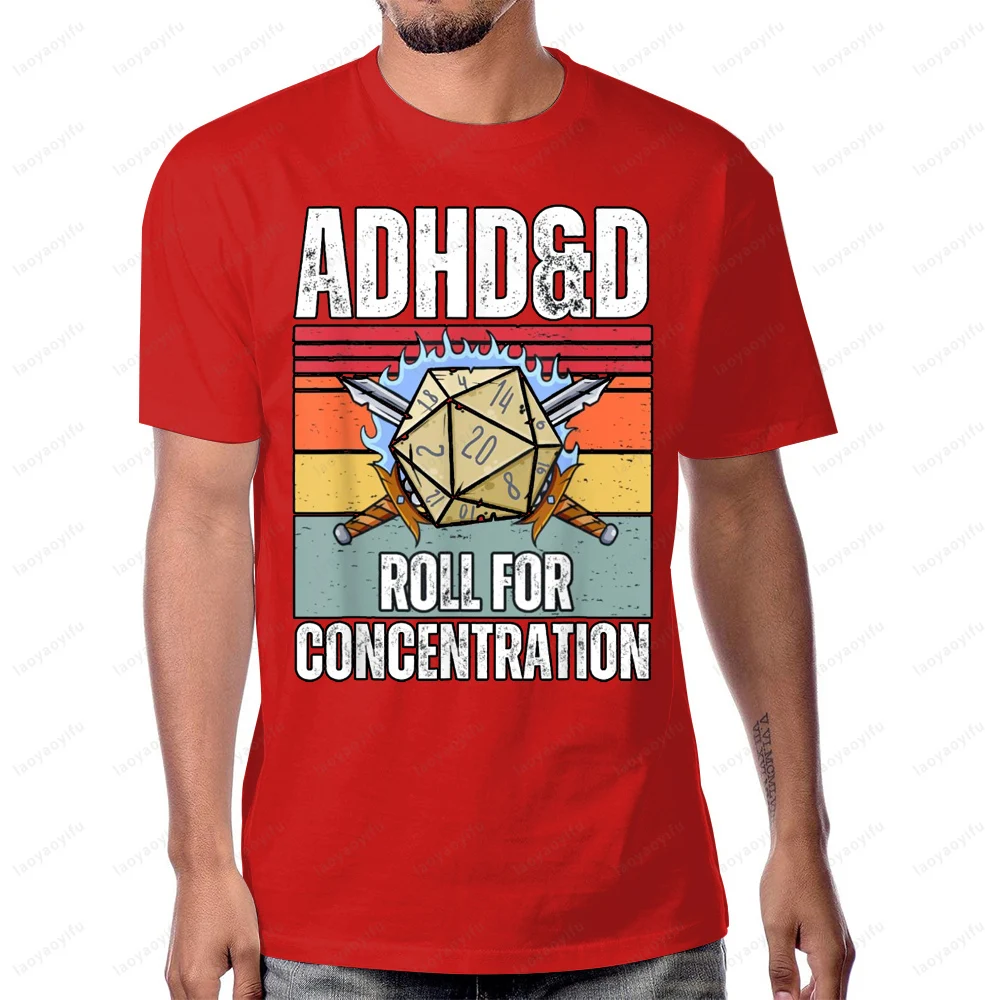 Retro Vintage ADHD&D Roll for Concentration Funny Dungeons and Dragons Gamer T-Shirt Cotton Casual Fashion Short Sleeve Man Tees