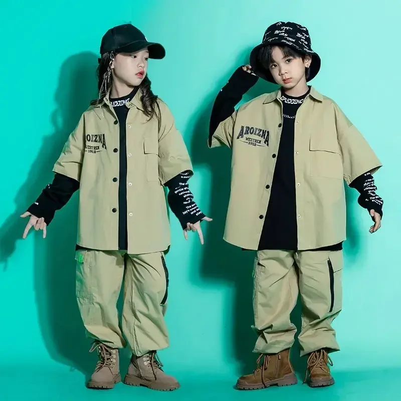 Girls Hip Hop Letters Shirt Cargo Pants Boys Cool Jacket Street Dance Clothes Sets Joggers Kids Blouse Streetwear Jazz Costumes