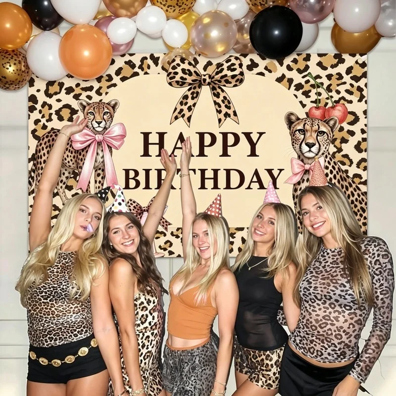 1 Stück Leopardenmuster „Happy Birthday“ Hintergrund, Gepardenmuster, rosa Schleife, Kirschpartie-Hintergrundbanner, Foto-Requisiten, dekorativer Anhänger
