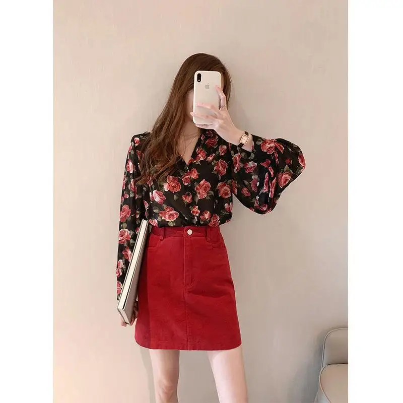 Blouse Women Spring and Summer Retro Loose Flower Top Long Sleeve Chiffon Shirt  Blusas Ropa De Mujer