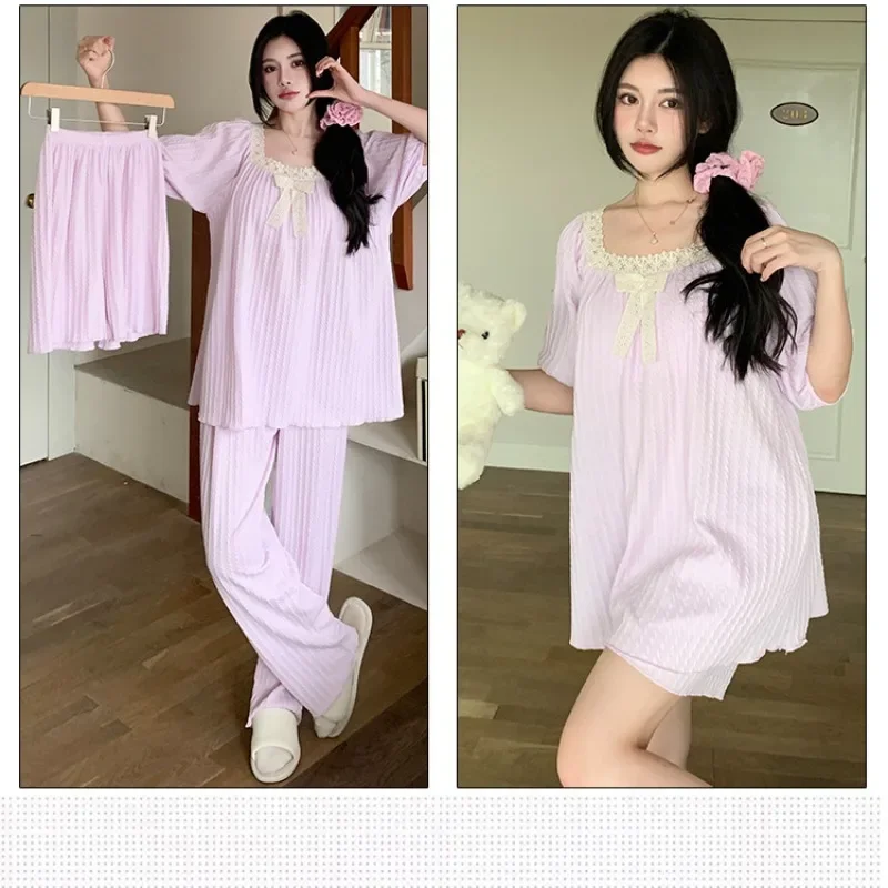 5XL Plus Size 3pc Set Women Cotton Pajamas Set with Chest Pad Short Sleeves Tops Shorts and Trousers Korean Sweet Homewear 120kg