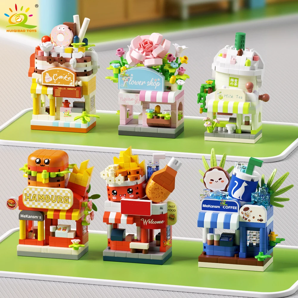 

HUIQIBAO MOC Cute Street Shop model Micro Building Block Burger Fried Flower Model Mini Brick Toy for Children Desk Decor.