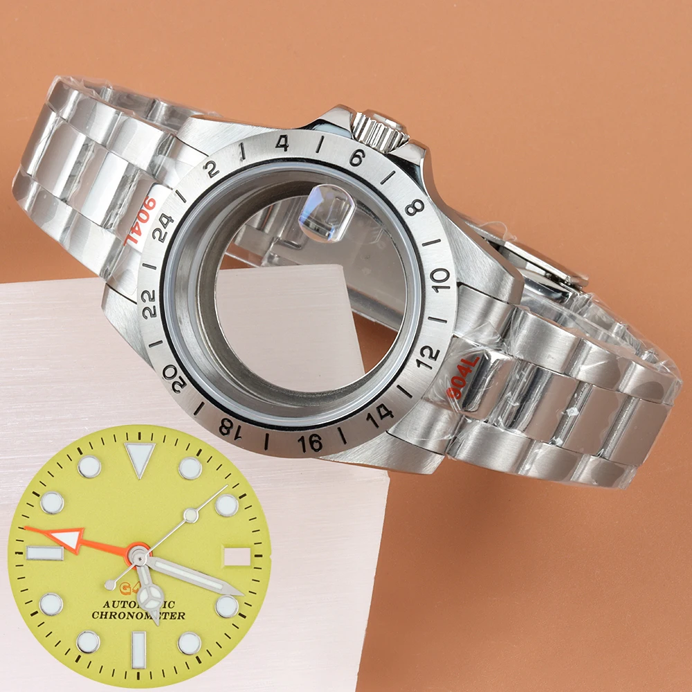 39mm NH34 Case For Explore Case Solid bezel Sapphire Fit GMT NH34 Automatic Movement 28.5mm Dial Polish Oyster Steel Bracelet
