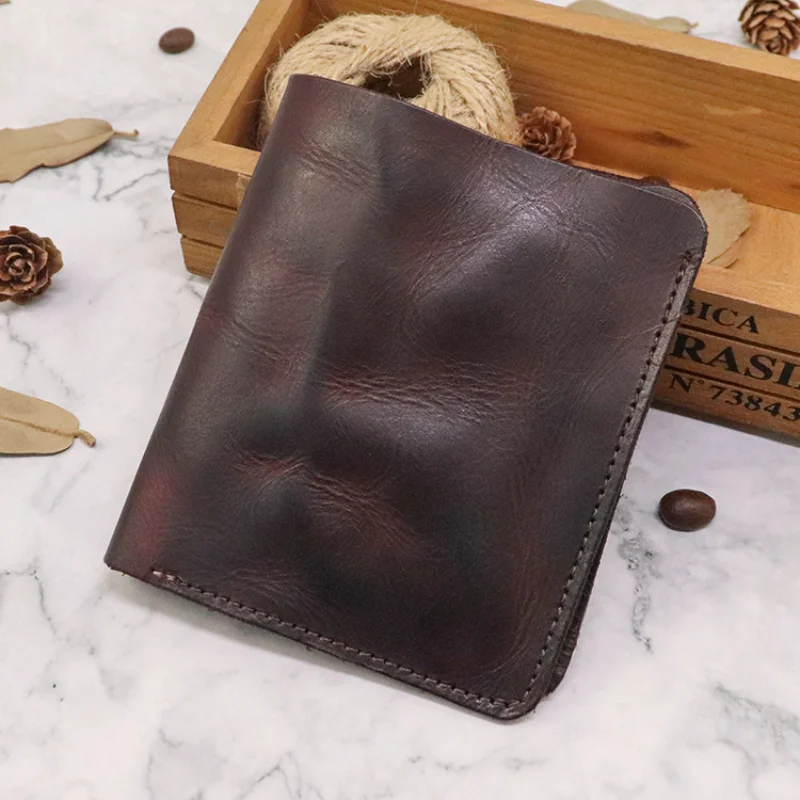 First-Layer Cowhide Wallet with Multiple Card Slots Vegetable-Tanned Leather Wallet Pleated Retro Vertical Mini Wallet